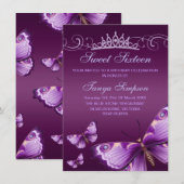 Paarse Sweet16 Butterfly & Tiara Birthday Invite Kaart (Voorkant / Achterkant)