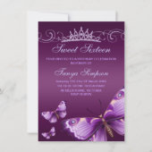 Paarse Sweet16 Butterfly & Tiara Birthday Invite Kaart (Voorkant)
