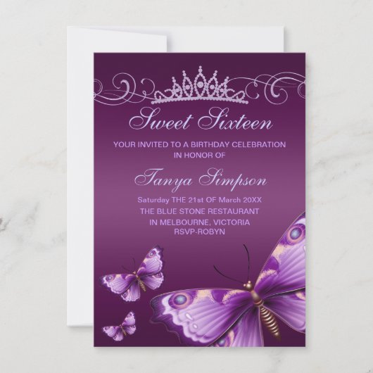 Paarse Sweet16 Butterfly & Tiara Birthday Invite Kaart (Voorkant)