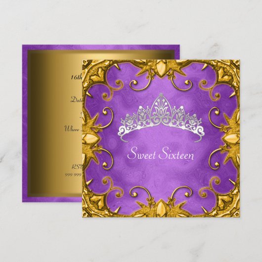 Paarse Sweet 16 Birthday Party Gold White Tiara Kaart (Voorkant / Achterkant)