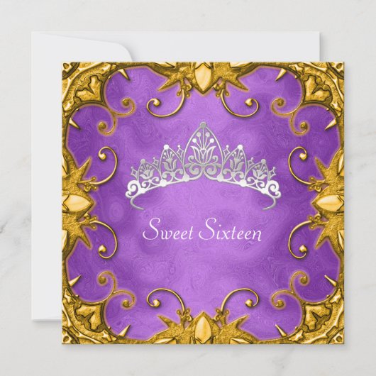 Paarse Sweet 16 Birthday Party Gold White Tiara Kaart (Voorkant)