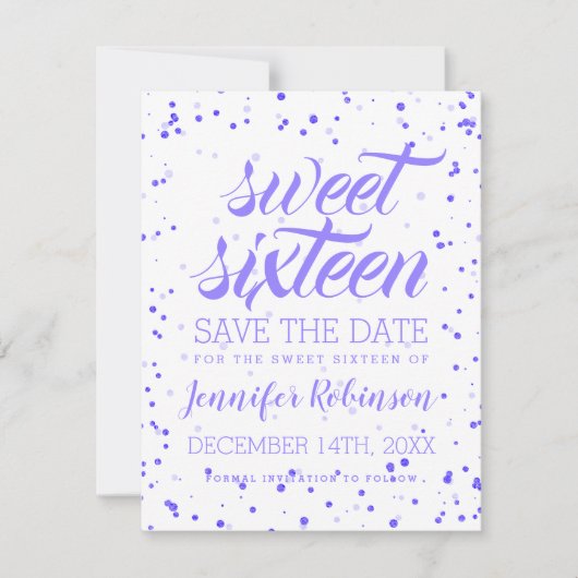 Paarse Sweet 16 Birthday Party Save Date Confetti Save The Date (Voorkant)
