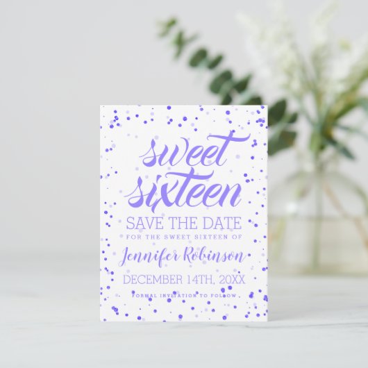 Paarse Sweet 16 Birthday Party Save Date Confetti Save The Date (Staand voorkant)