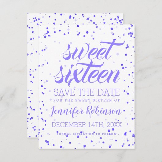 Paarse Sweet 16 Birthday Party Save Date Confetti Save The Date (Voorkant / Achterkant)