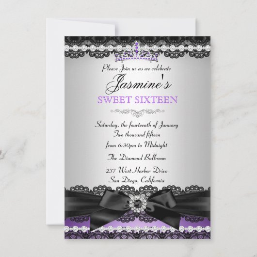 Paarse Sweet 16 Birthday Party Silver Black Lace Kaart (Achterkant)