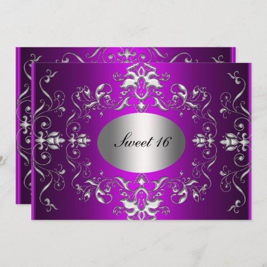 Paarse Sweet 16 Elegante Verjaardagsuitnodiging Kaart (Voorkant / Achterkant)