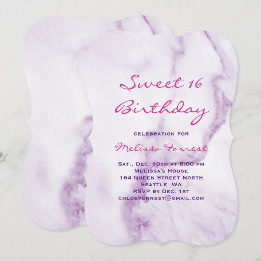 Paarse Sweet 16 Marble Birthday Invitation Kaart (Voorkant / Achterkant)