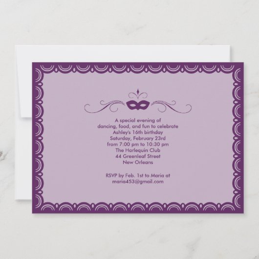 Paarse Sweet 16 Masquerade Ball-uitnodigingen Kaart (Achterkant)