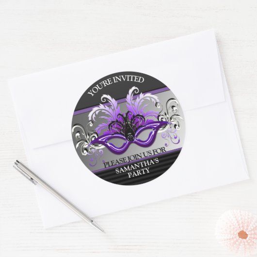 Paarse Sweet 16 Masquerade Party Envelope Seal Ronde Sticker (Envelop)