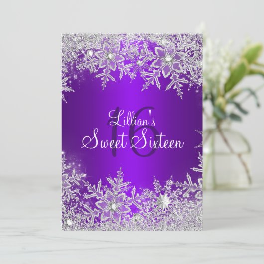 Paarse Sweet 16 Snowflake Winter Wonderland Kaart (Staand voorkant)