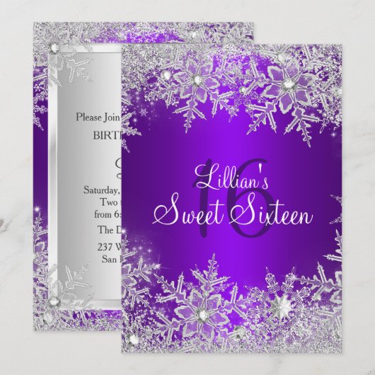 Paarse Sweet 16 Snowflake Winter Wonderland Kaart (Voorkant / Achterkant)