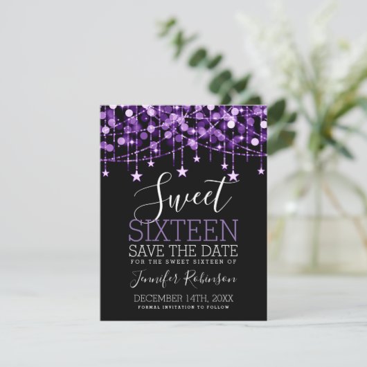Paarse Sweet 16 Sparkly Koord Lichten sparen Datum Save The Date (Staand voorkant)