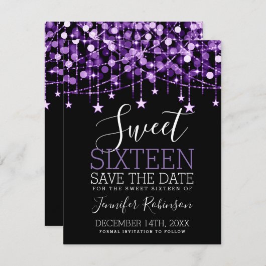 Paarse Sweet 16 Sparkly Koord Lichten sparen Datum Save The Date (Voorkant / Achterkant)