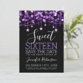 Paarse Sweet 16 Sparkly Koord Lichten sparen Datum Save The Date (Staand voorkant)