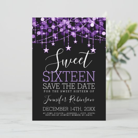 Paarse Sweet 16 Sparkly Koord Lichten sparen Datum Save The Date (Staand voorkant)