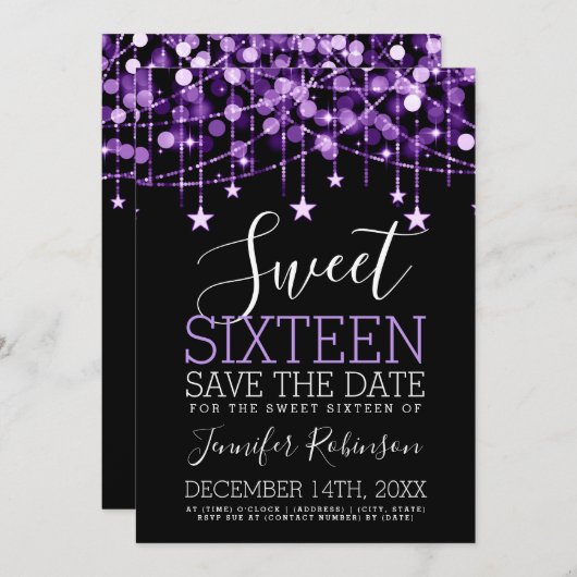 Paarse Sweet 16 Sparkly Koord Lichten sparen Datum Save The Date (Voorkant / Achterkant)