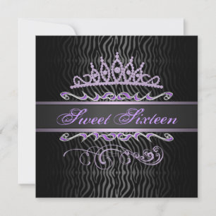 Paarse Sweet 16 Tiara Zebraprint Uitnodiging voor 