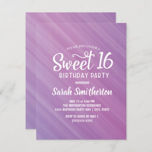 Paarse Sweet 16 Uitnodiging (Voorkant / Achterkant)