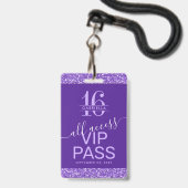 Paarse Sweet 16 uitnodiging VIP-pas Badge (Voorzijde met lanyard)