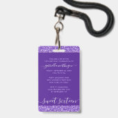 Paarse Sweet 16 uitnodiging VIP-pas Badge (Achterkant met lanyard)