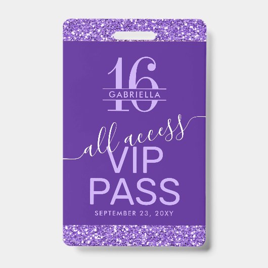 Paarse Sweet 16 uitnodiging VIP-pas Badge (Voorzijde)