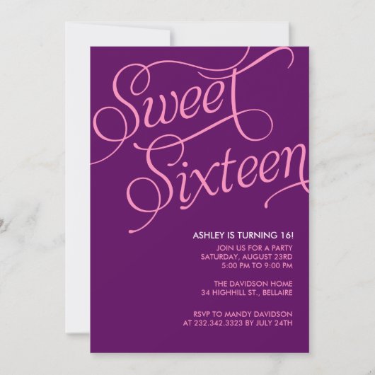 Paarse Sweet 16 Uitnodigingen (Voorkant)