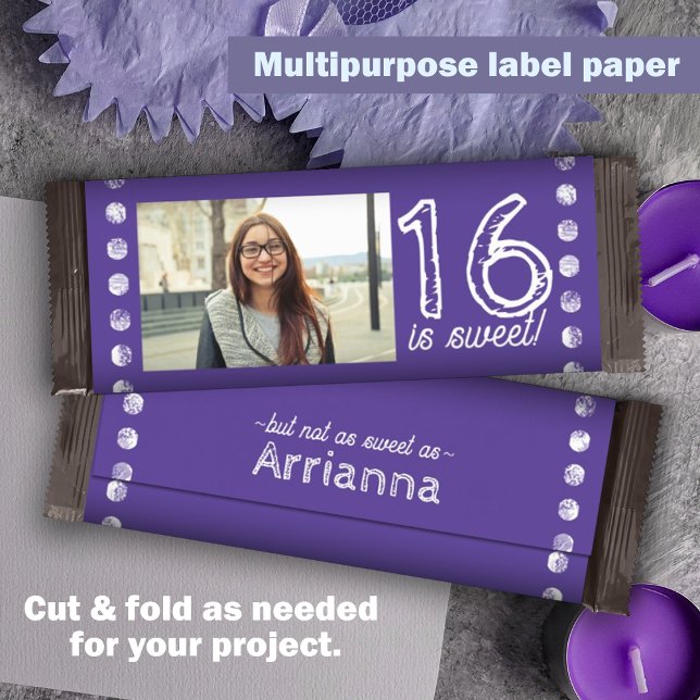 Paarse Sweet 16 Verjaardag Snoep Bar Wrapper (Purple personalized candy bar label, sweet 16 chocolate bar wrapper customized party candy )