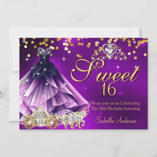 Paarse Sweet 16 Verjaardagsjurk Tiara Carriage Kaart (Voorkant)