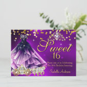 Paarse Sweet 16 Verjaardagsjurk Tiara Carriage Kaart (Staand voorkant)