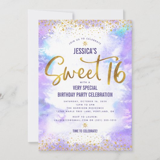 Paarse Sweet 16 Waterverf Gouden Verjaardag Bold G Kaart (Voorkant)