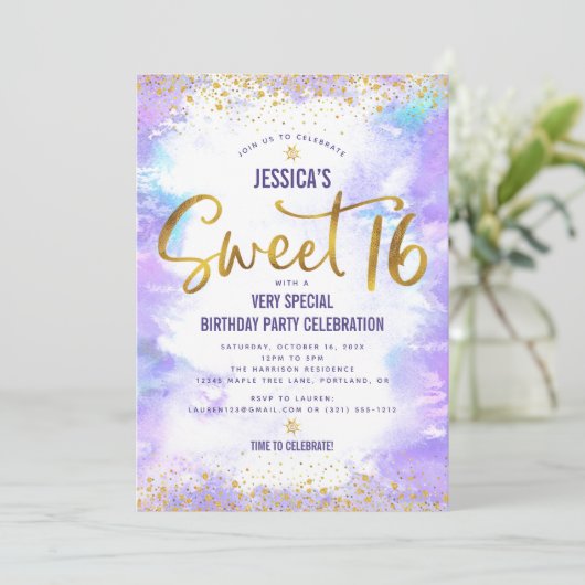 Paarse Sweet 16 Waterverf Gouden Verjaardag Bold G Kaart (Staand voorkant)