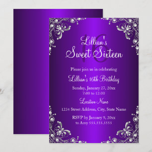 Paarse Sweet 16 Zilveren Parel Damast Kaart