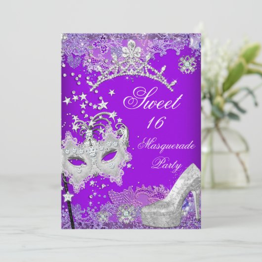 Paarse Sweet Sixteen 16 Masquerade Party Tiara 2 Kaart (Staand voorkant)
