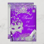 Paarse Sweet Sixteen 16 Masquerade Party Tiara 2 Kaart (Voorkant / Achterkant)