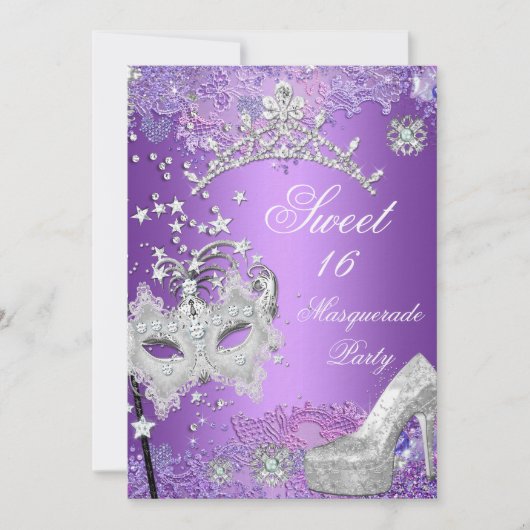 Paarse Sweet Sixteen 16 Masquerade Party Tiara Kaart (Voorkant)