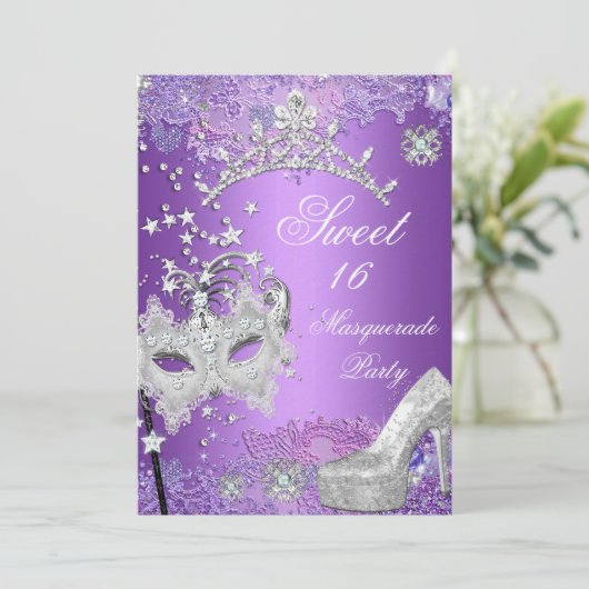 Paarse Sweet Sixteen 16 Masquerade Party Tiara Kaart (Staand voorkant)