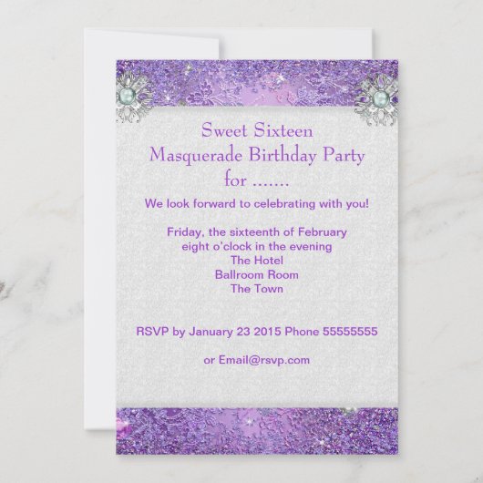 Paarse Sweet Sixteen 16 Masquerade Party Tiara Kaart (Achterkant)