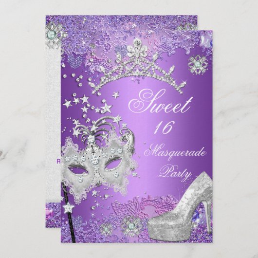 Paarse Sweet Sixteen 16 Masquerade Party Tiara Kaart (Voorkant / Achterkant)