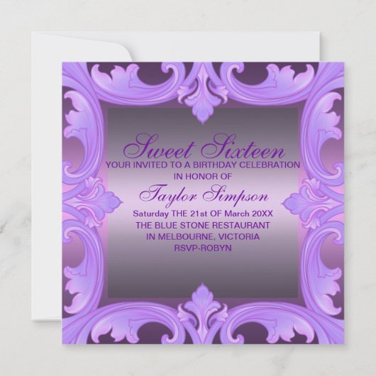 Paarse Sweet Zestien Damasontwerp Birthday Invite Kaart (Achterkant)