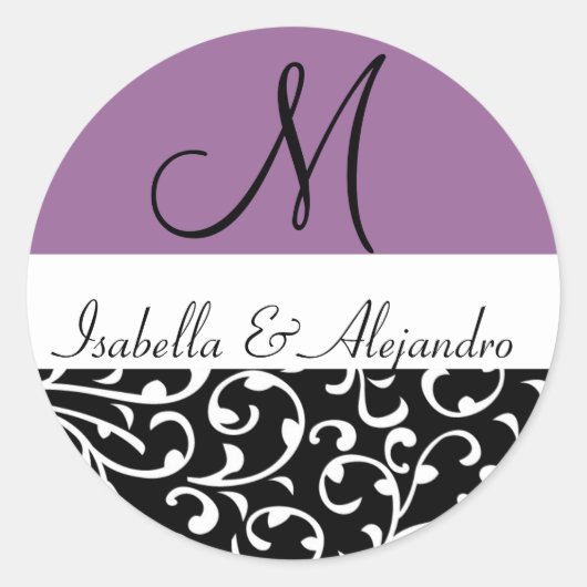 Paarse Swirl Damask Monogram Bruiloft Stickers (Voorkant)