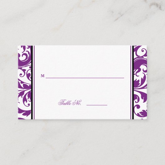 Paarse Swirl Damask Tafel Zitplaats Kaarten Plaatskaartje (Voorkant)