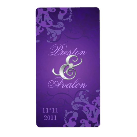 Paarse Swirl Silver Jeweled Wedding Wine Label (Voorkant)