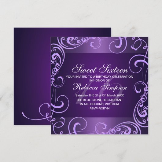 Paarse Swirl Sweet Sixteen Verjaardagsuitnodiging Kaart (Voorkant / Achterkant)