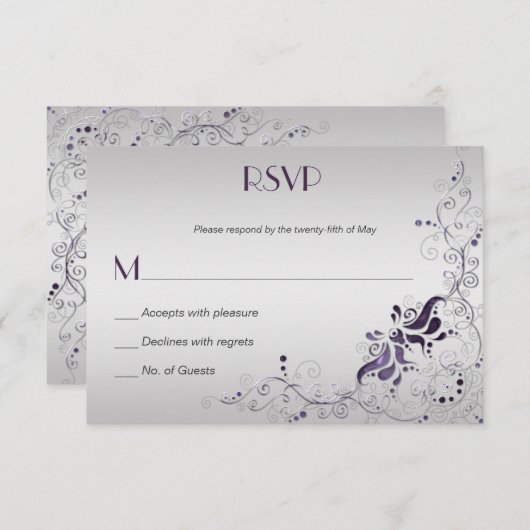  Paarse Swirls op Silver RSVP (Voorkant / Achterkant)