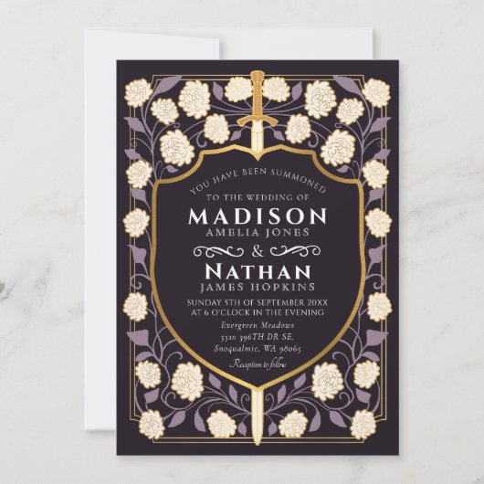 Paarse Sword Shield Fantasy Wedding QR-code Kaart (Voorkant)