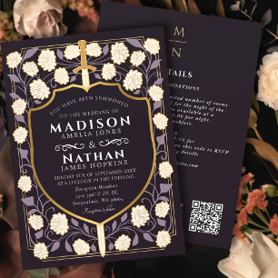 Paarse Sword Shield Fantasy Wedding QR-code Kaart