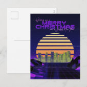 Paarse synthwave kerst feestdagenkaart (Voorkant / Achterkant)