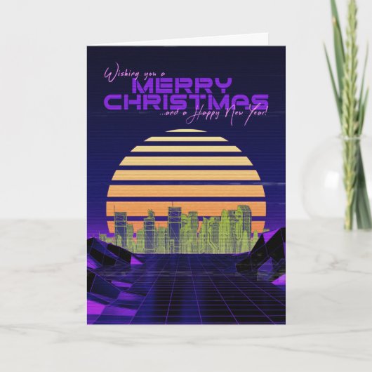 Paarse Synthwave Kerstkaart Feestdagen Kaart (Voorkant)