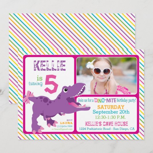 Paarse T-Rex Dinosaur Stripe Birthday Kaart (Voorkant / Achterkant)