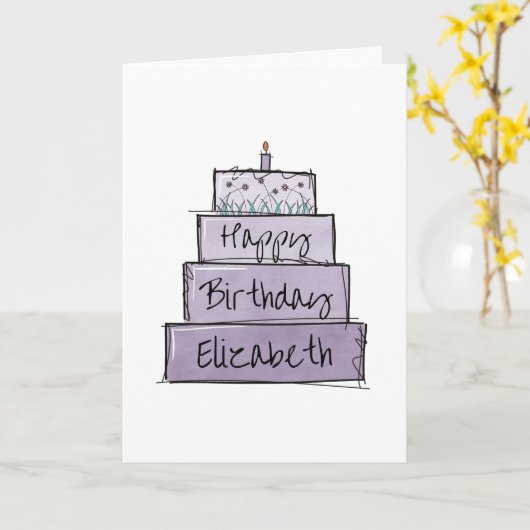 Paarse taart verjaardag kaart (Gele Bloem)